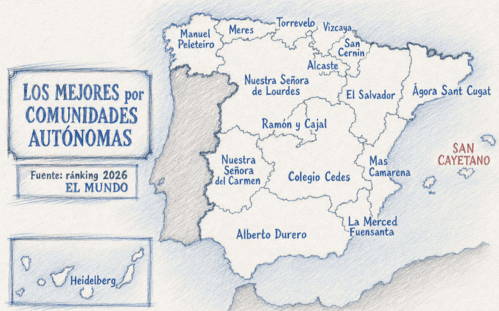 Mapa dels millors col·legis per comunitats autònomes — Ranking El Mundo 2026