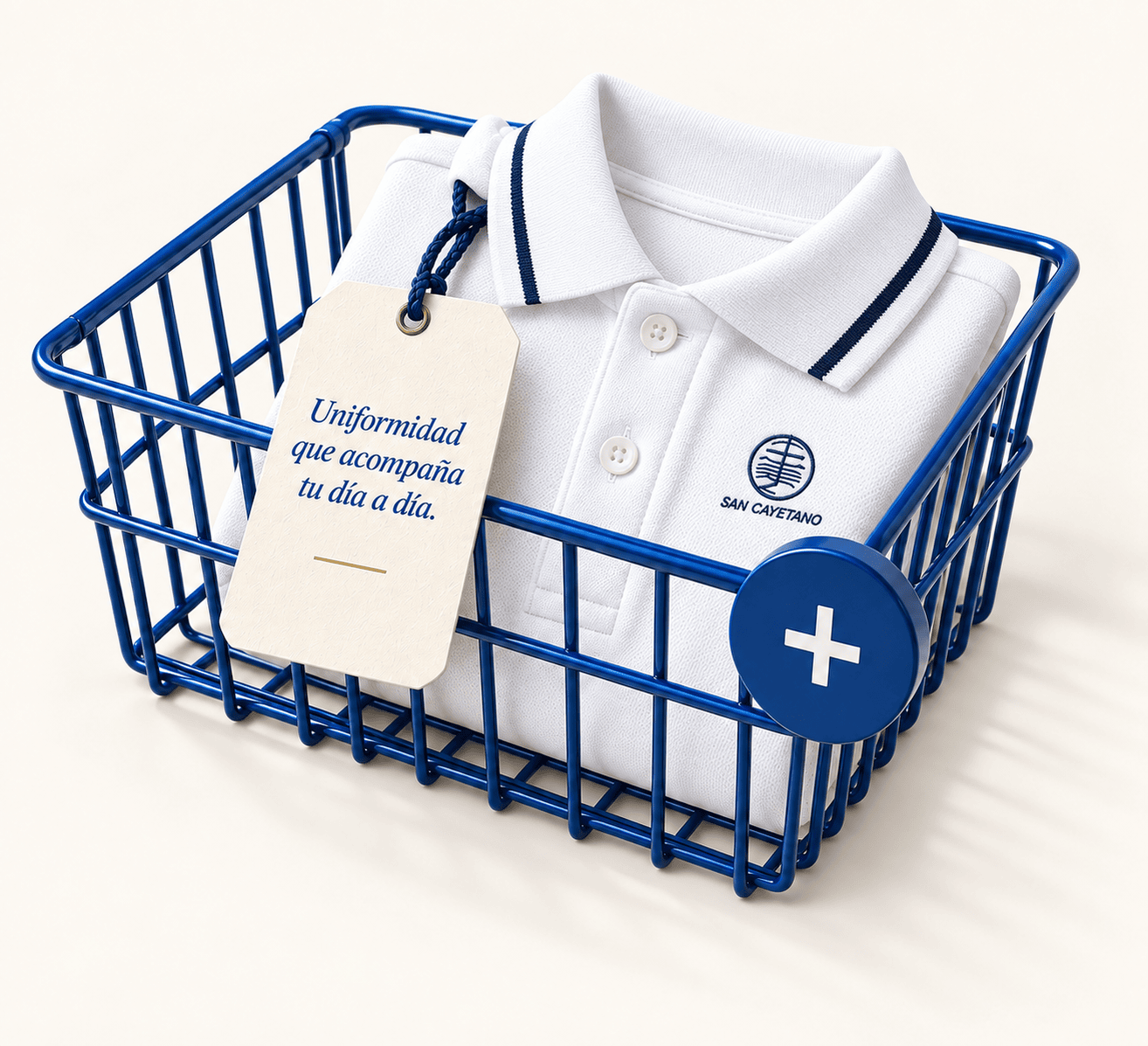 Cesta azul con el uniforme del colegio y una etiqueta de papel.