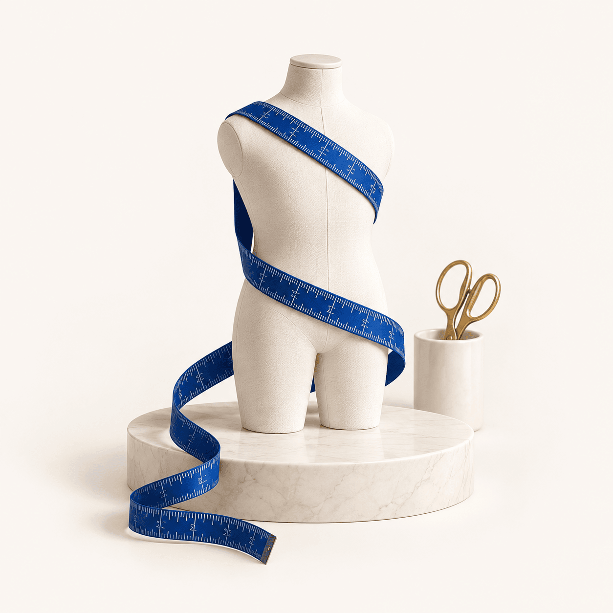 Ilustración decorativa de un maniquí de sastrería con cinta métrica azul.