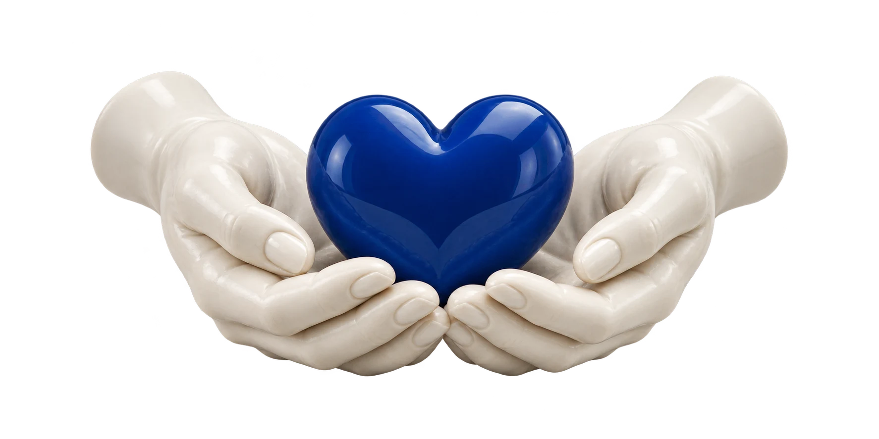 Manos de cerámica sostienen un corazón azul
